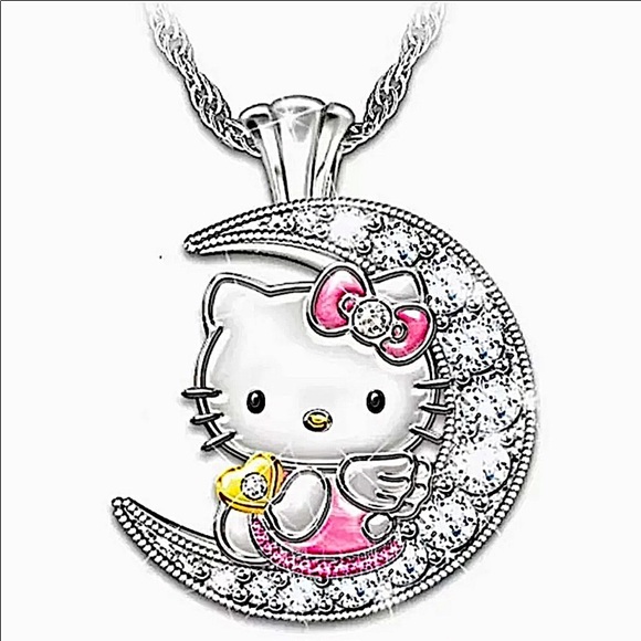 NEW STERLING SILVER HELLO KITTY ZIRCON MOON PENDANT NECKLACE - Picture 1 of 5